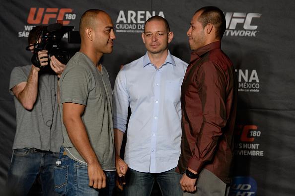 MEXICO CITY, MEXICO - NOVEMBER 13: Edgar Garcia (L) and Hector Urbina face off during the UFC 180 Ultimate Media Day at the Camino Real Polanco Mexico on November 13, 2014 in Mexico City, Mexico. (Photo by Jeff Bottari/Zuffa LLC/Zuffa LLC via Getty Image