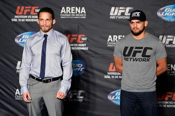 MEXICO CITY, MEXICO - NOVEMBER 13: Jake Ellenberger (L) and Kelvin Gastelum pose for the media during the UFC 180 Ultimate Media Day at the Camino Real Polanco Mexico on November 13, 2014 in Mexico City, Mexico. (Photo by Jeff Bottari/Zuffa LLC/Zuffa LLC