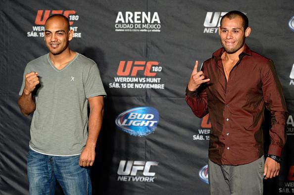 MEXICO CITY, MEXICO - NOVEMBER 13: Edgar Garcia (L) and Hector Urbina face off during the UFC 180 Ultimate Media Day at the Camino Real Polanco Mexico on November 13, 2014 in Mexico City, Mexico. (Photo by Jeff Bottari/Zuffa LLC/Zuffa LLC via Getty Image