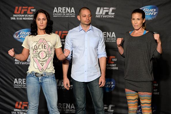 MEXICO CITY, MEXICO - NOVEMBER 13: Jessica Eye (L) and Leslie Smith (R) pose for the media during the UFC 180 Ultimate Media Day at the Camino Real Polanco Mexico on November 13, 2014 in Mexico City, Mexico. (Photo by Jeff Bottari/Zuffa LLC/Zuffa LLC via