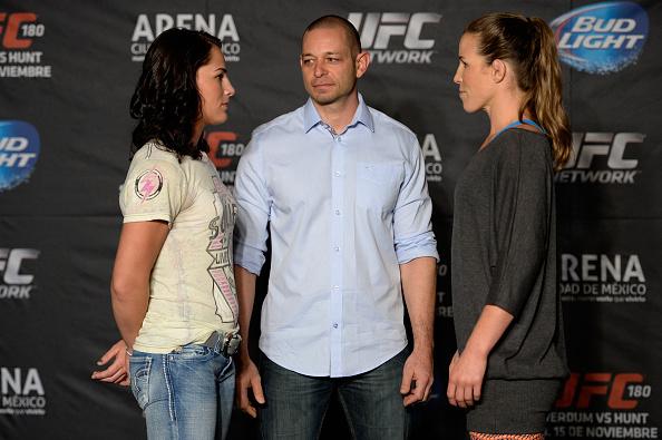 MEXICO CITY, MEXICO - NOVEMBER 13: Jessica Eye (L) and Leslie Smith (R) face off during the UFC 180 Ultimate Media Day at the Camino Real Polanco Mexico on November 13, 2014 in Mexico City, Mexico. (Photo by Jeff Bottari/Zuffa LLC/Zuffa LLC via Getty Ima