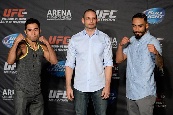 MEXICO CITY, MEXICO - NOVEMBER 13: Alejandro Perez (L) and Jose Quinonez (R) pose for the media during the UFC 180 Ultimate Media Day at the Camino Real Polanco Mexico on November 13, 2014 in Mexico City, Mexico. (Photo by Jeff Bottari/Zuffa LLC/Zuffa LL