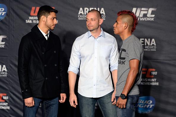 MEXICO CITY, MEXICO - NOVEMBER 13: Yair Rodriguez (L) and Leonardo Morales face off during the UFC 180 Ultimate Media Day at the Camino Real Polanco Mexico on November 13, 2014 in Mexico City, Mexico. (Photo by Jeff Bottari/Zuffa LLC/Zuffa LLC via Getty