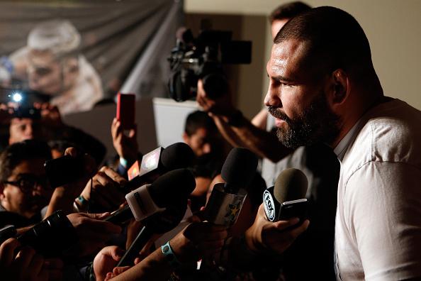 MEXICO CITY, MEXICO - NOVEMBER 13: UFC heavyweight champion Cain Velasquez interacts with media during the UFC 180 Ultimate Media Day at the Camino Real Polanco Mexico hotel on November 13, 2014 in Mexico City, Mexico. (Photo by Josh Hedges/Zuffa LLC/Zuff