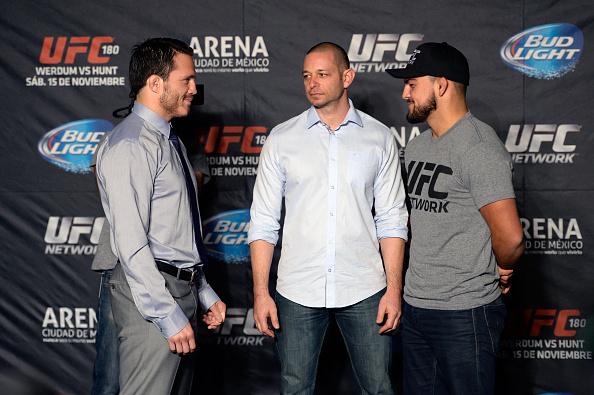 MEXICO CITY, MEXICO - NOVEMBER 13: Jake Ellenberger (L) and Kelvin Gastelum face off during the UFC 180 Ultimate Media Day at the Camino Real Polanco Mexico on November 13, 2014 in Mexico City, Mexico. (Photo by Jeff Bottari/Zuffa LLC/Zuffa LLC via Getty