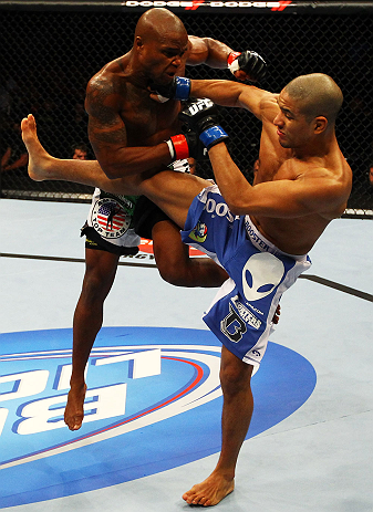 ATLANTA, GA - APRIL 21:  Marcus Brimage (L) and Maximo Blanco fight during their featherweight bout for UFC 145 at Philips Arena on April 21, 2012 in Atlanta, Georgia.  (Photo by Al Bello/Zuffa LLC/Zuffa LLC via Getty Images)