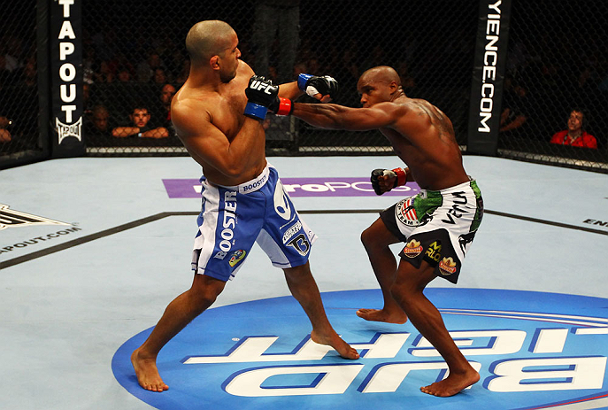 ATLANTA, GA - APRIL 21: Marcus Brimage (R) punches Maximo Blanco during their featherweight bout for UFC 145 at Philips Arena on April 21, 2012 in Atlanta, Georgia. (Photo by Al Bello/Zuffa LLC/Zuffa LLC via Getty Images)