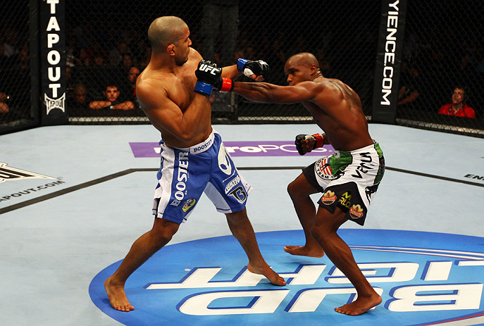 ATLANTA, GA - APRIL 21:  Marcus Brimage (R) punches Maximo Blanco during their featherweight bout for UFC 145 at Philips Arena on April 21, 2012 in Atlanta, Georgia.  (Photo by Al Bello/Zuffa LLC/Zuffa LLC via Getty Images)