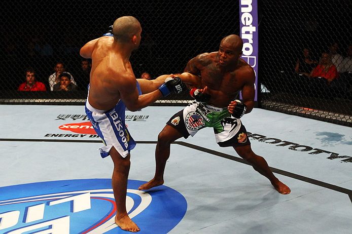 ATLANTA, GA - APRIL 21:  Marcus Brimage (R) blocks a kick by Maximo Blanco during their featherweight bout for UFC 145 at Philips Arena on April 21, 2012 in Atlanta, Georgia.  (Photo by Al Bello/Zuffa LLC/Zuffa LLC via Getty Images)