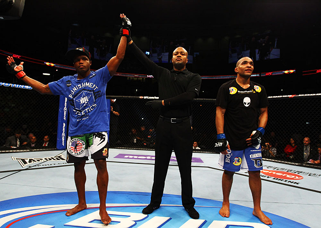 ATLANTA, GA - APRIL 21: Marcus Brimage (L) celebrates after defeating Maximo Blanco (R) in their featherweight bout for UFC 145 at Philips Arena on April 21, 2012 in Atlanta, Georgia. (Photo by Al Bello/Zuffa LLC/Zuffa LLC via Getty Images)