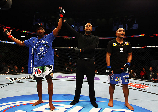 ATLANTA, GA - APRIL 21:  Marcus Brimage (L) celebrates after defeating Maximo Blanco (R) in their featherweight bout for UFC 145 at Philips Arena on April 21, 2012 in Atlanta, Georgia.  (Photo by Al Bello/Zuffa LLC/Zuffa LLC via Getty Images)