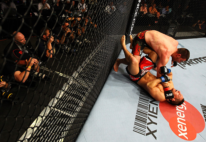 ATLANTA, GA - APRIL 21:  Keith Wisniewski (bottom) grapples with Chris Clements during their welterweight bout for UFC 145 at Philips Arena on April 21, 2012 in Atlanta, Georgia.  (Photo by Al Bello/Zuffa LLC/Zuffa LLC via Getty Images)