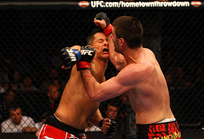 ATLANTA, GA - APRIL 21:  Keith Wisniewski hits Chris Clements with an elbow during their welterweight bout for UFC 145 at Philips Arena on April 21, 2012 in Atlanta, Georgia.  (Photo by Al Bello/Zuffa LLC/Zuffa LLC via Getty Images)