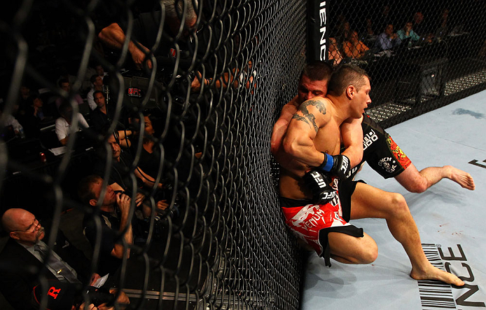 ATLANTA, GA - APRIL 21: Keith Wisniewski and Chris Clements (front) grapple during their welterweight bout for UFC 145 at Philips Arena on April 21, 2012 in Atlanta, Georgia. (Photo by Al Bello/Zuffa LLC/Zuffa LLC via Getty Images)