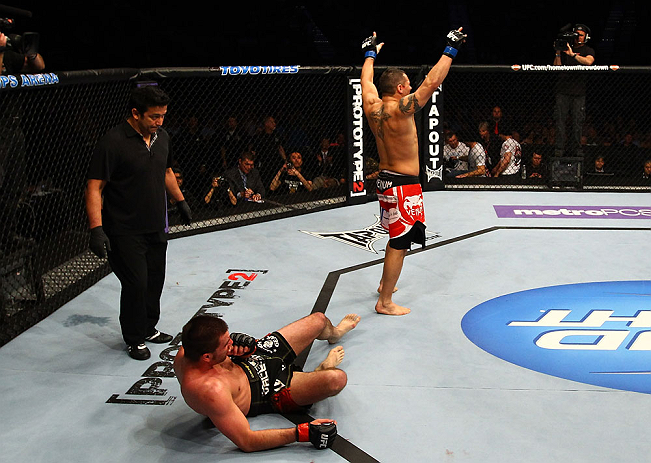 ATLANTA, GA - APRIL 21:  Chris Clements (R) celebrates as Keith Wisniewsk looks on during their welterweight bout for UFC 145 at Philips Arena on April 21, 2012 in Atlanta, Georgia.  (Photo by Al Bello/Zuffa LLC/Zuffa LLC via Getty Images)