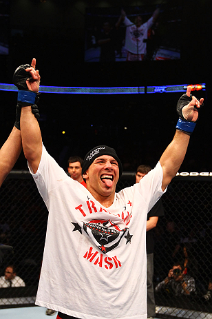 ATLANTA, GA - APRIL 21:  Chris Clements celebrates defeating Keith Wisniewski  by split decision during their welterweight bout for UFC 145 at Philips Arena on April 21, 2012 in Atlanta, Georgia.  (Photo by Al Bello/Zuffa LLC/Zuffa LLC via Getty Images)