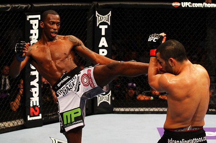 ATLANTA, GA - APRIL 21: Anthony Njokuani (L) kicks John Makdessi during their lightweight bout for UFC 145 at Philips Arena on April 21, 2012 in Atlanta, Georgia. (Photo by Al Bello/Zuffa LLC/Zuffa LLC via Getty Images)