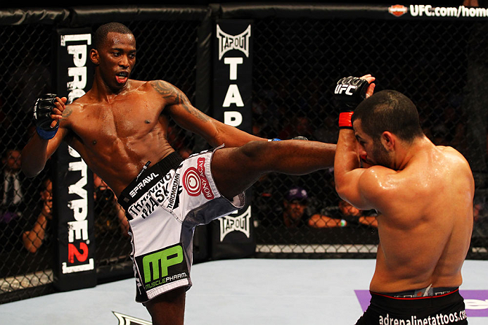 ATLANTA, GA - APRIL 21:  Anthony Njokuani (L) kicks John Makdessi during their lightweight bout for UFC 145 at Philips Arena on April 21, 2012 in Atlanta, Georgia.  (Photo by Al Bello/Zuffa LLC/Zuffa LLC via Getty Images)