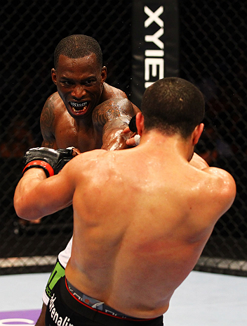 ATLANTA, GA - APRIL 21: Anthony Njokuani (back) punches John Makdessi during their lightweight bout for UFC 145 at Philips Arena on April 21, 2012 in Atlanta, Georgia. (Photo by Al Bello/Zuffa LLC/Zuffa LLC via Getty Images)
