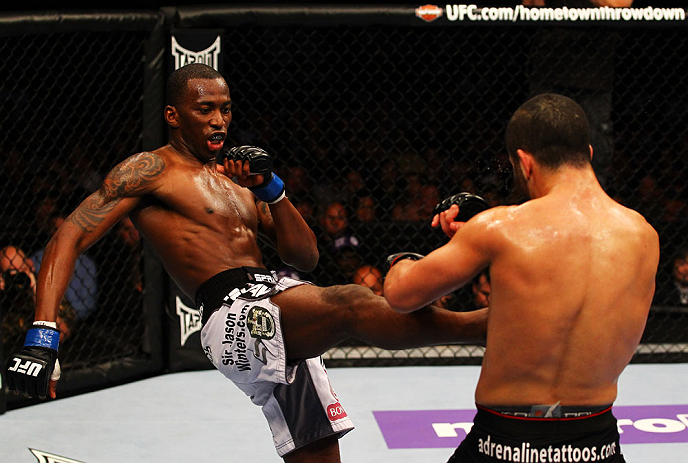 ATLANTA, GA - APRIL 21: Anthony Njokuani (L) kicks John Makdessi during their lightweight bout for UFC 145 at Philips Arena on April 21, 2012 in Atlanta, Georgia. (Photo by Al Bello/Zuffa LLC/Zuffa LLC via Getty Images)