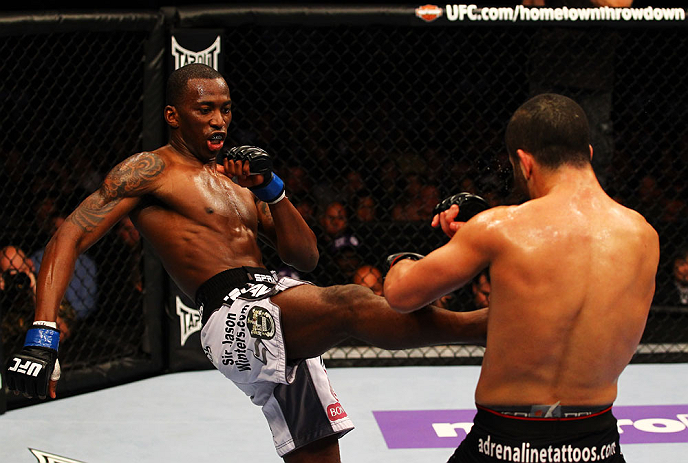 ATLANTA, GA - APRIL 21:  Anthony Njokuani (L) kicks John Makdessi during their lightweight bout for UFC 145 at Philips Arena on April 21, 2012 in Atlanta, Georgia.  (Photo by Al Bello/Zuffa LLC/Zuffa LLC via Getty Images)