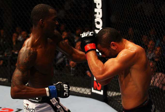 ATLANTA, GA - APRIL 21: Anthony Njokuani (L) punches John Makdessi during their lightweight bout for UFC 145 at Philips Arena on April 21, 2012 in Atlanta, Georgia. (Photo by Al Bello/Zuffa LLC/Zuffa LLC via Getty Images)