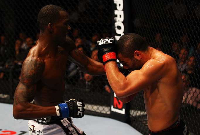 ATLANTA, GA - APRIL 21:  Anthony Njokuani (L) punches John Makdessi during their lightweight bout for UFC 145 at Philips Arena on April 21, 2012 in Atlanta, Georgia.  (Photo by Al Bello/Zuffa LLC/Zuffa LLC via Getty Images)