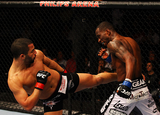 ATLANTA, GA - APRIL 21: John Makdessi (L) kicks Anthony Njokuani during their lightweight bout for UFC 145 at Philips Arena on April 21, 2012 in Atlanta, Georgia. (Photo by Al Bello/Zuffa LLC/Zuffa LLC via Getty Images)