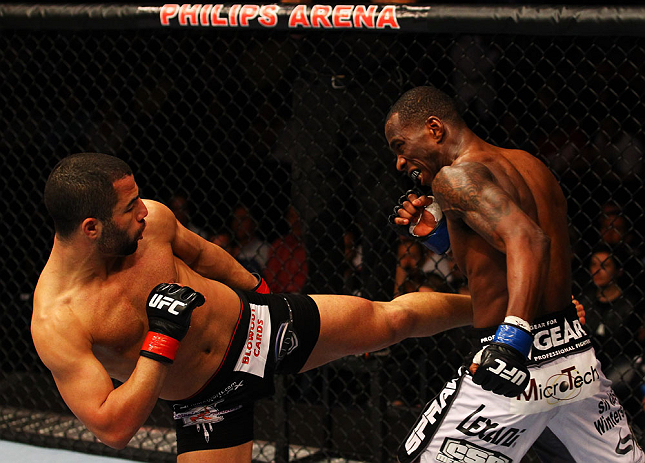 ATLANTA, GA - APRIL 21:  John Makdessi (L) kicks Anthony Njokuani during their lightweight bout for UFC 145 at Philips Arena on April 21, 2012 in Atlanta, Georgia.  (Photo by Al Bello/Zuffa LLC/Zuffa LLC via Getty Images)