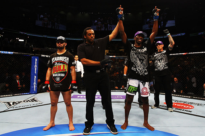 ATLANTA, GA - APRIL 21: Anthony Njokuani (R) celebrates after defeating John Makdessi (L) by unanimous decision during their lightweight bout for UFC 145 at Philips Arena on April 21, 2012 in Atlanta, Georgia. (Photo by Al Bello/Zuffa LLC/Zuffa LLC via