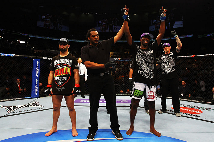 ATLANTA, GA - APRIL 21:  Anthony Njokuani (R) celebrates after defeating John Makdessi (L) by unanimous decision during their lightweight bout for UFC 145 at Philips Arena on April 21, 2012 in Atlanta, Georgia.  (Photo by Al Bello/Zuffa LLC/Zuffa LLC via 