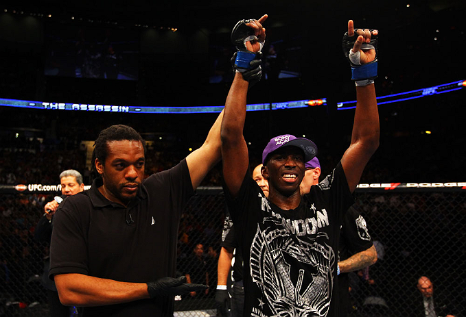 ATLANTA, GA - APRIL 21: Anthony Njokuani (R) celebrates after defeating John Makdessi by unanimous decision during their lightweight bout for UFC 145 at Philips Arena on April 21, 2012 in Atlanta, Georgia. (Photo by Al Bello/Zuffa LLC/Zuffa LLC via Gett
