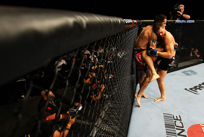 ATLANTA, GA - APRIL 21: Matt Brown (L) grapples with Stephen Thompson during their welterweight bout for UFC 145 at Philips Arena on April 21, 2012 in Atlanta, Georgia. (Photo by Al Bello/Zuffa LLC/Zuffa LLC via Getty Images)