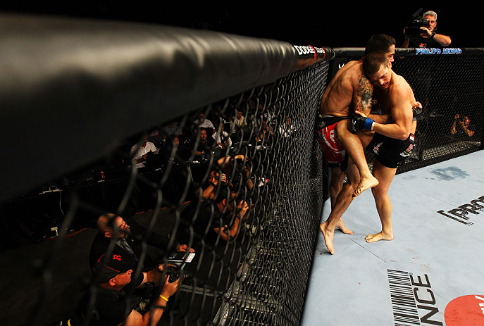 ATLANTA, GA - APRIL 21:  Matt Brown (L) grapples with Stephen Thompson during their welterweight bout for UFC 145 at Philips Arena on April 21, 2012 in Atlanta, Georgia.  (Photo by Al Bello/Zuffa LLC/Zuffa LLC via Getty Images)