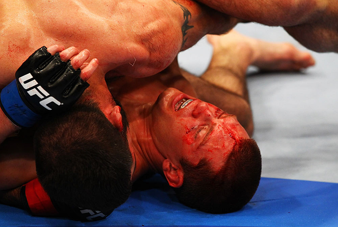 ATLANTA, GA - APRIL 21: Matt Brown (L) and Stephen Thompson grapple during their welterweight bout for UFC 145 at Philips Arena on April 21, 2012 in Atlanta, Georgia. (Photo by Al Bello/Zuffa LLC/Zuffa LLC via Getty Images)