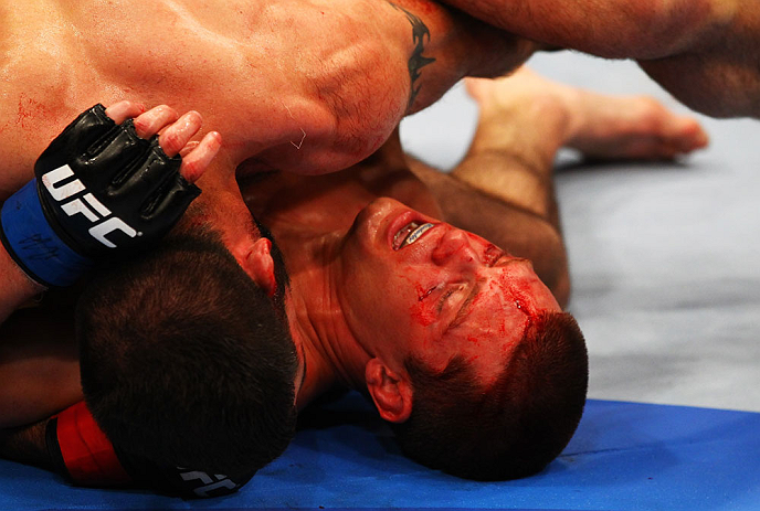 ATLANTA, GA - APRIL 21:  Matt Brown (L) and Stephen Thompson grapple during their welterweight bout for UFC 145 at Philips Arena on April 21, 2012 in Atlanta, Georgia.  (Photo by Al Bello/Zuffa LLC/Zuffa LLC via Getty Images)