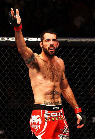 ATLANTA, GA - APRIL 21:  Matt Brown gets the crowd excited during his welterweight bout against Stephen Thompson for UFC 145 at Philips Arena on April 21, 2012 in Atlanta, Georgia.  (Photo by Al Bello/Zuffa LLC/Zuffa LLC via Getty Images)