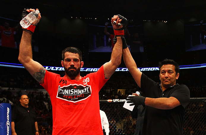 ATLANTA, GA - APRIL 21:  Matt Brown (L) celebrates defeating Stephen Thompson dy unanimous decision during their welterweight bout for UFC 145 at Philips Arena on April 21, 2012 in Atlanta, Georgia.  (Photo by Al Bello/Zuffa LLC/Zuffa LLC via Getty Images