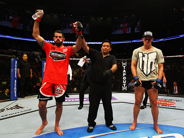 ATLANTA, GA - APRIL 21:  Matt Brown (L) celebrates defeating Stephen Thompson (R) by unanimous decision during their welterweight bout for UFC 145 at Philips Arena on April 21, 2012 in Atlanta, Georgia.  (Photo by Al Bello/Zuffa LLC/Zuffa LLC via Getty Im