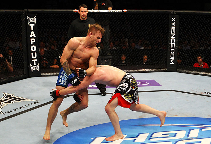 ATLANTA, GA - APRIL 21: Mark Bocek (R) grapples with John Alessio during their lightweight bout for UFC 145 at Philips Arena on April 21, 2012 in Atlanta, Georgia. (Photo by Al Bello/Zuffa LLC/Zuffa LLC via Getty Images)