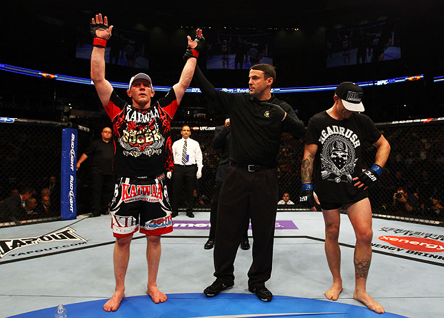 ATLANTA, GA - APRIL 21: Mark Bocek (L) celebrates defeating John Alessio (R) by unanimous decision during their lightweight bout for UFC 145 at Philips Arena on April 21, 2012 in Atlanta, Georgia. (Photo by Al Bello/Zuffa LLC/Zuffa LLC via Getty Images)
