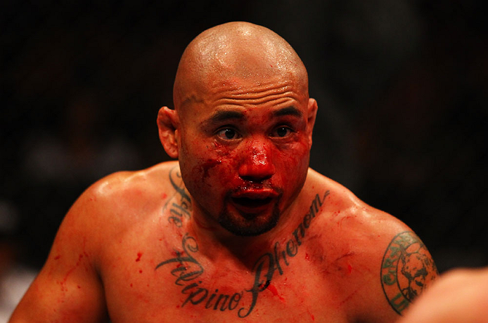 ATLANTA, GA - APRIL 21: Eddie Yagin reacts during his featherweight bout against Mark Hominick for UFC 145 at Philips Arena on April 21, 2012 in Atlanta, Georgia. (Photo by Al Bello/Zuffa LLC/Zuffa LLC via Getty Images)