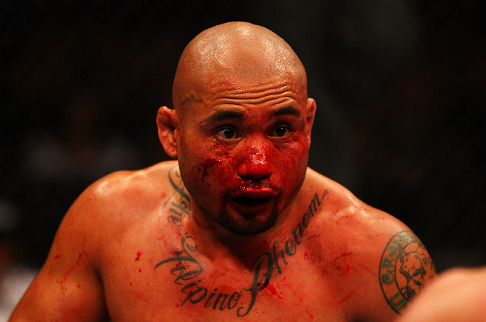 ATLANTA, GA - APRIL 21:  Eddie Yagin reacts during his featherweight bout against Mark Hominick for UFC 145 at Philips Arena on April 21, 2012 in Atlanta, Georgia.  (Photo by Al Bello/Zuffa LLC/Zuffa LLC via Getty Images)