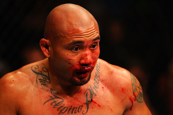 ATLANTA, GA - APRIL 21: Eddie Yagin reacts during his featherweight bout against Mark Hominick for UFC 145 at Philips Arena on April 21, 2012 in Atlanta, Georgia. (Photo by Al Bello/Zuffa LLC/Zuffa LLC via Getty Images)