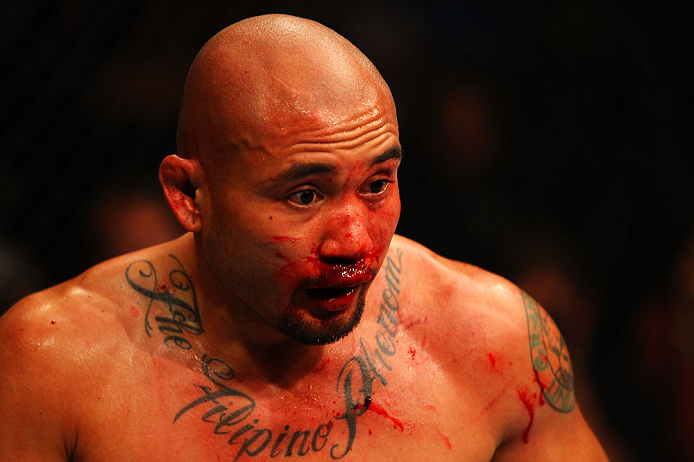 ATLANTA, GA - APRIL 21:  Eddie Yagin reacts during his featherweight bout against Mark Hominick for UFC 145 at Philips Arena on April 21, 2012 in Atlanta, Georgia.  (Photo by Al Bello/Zuffa LLC/Zuffa LLC via Getty Images)