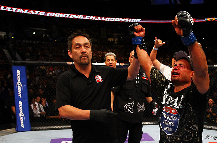 ATLANTA, GA - APRIL 21: Eddie Yagin (R) celebrates defeating Mark Hominick (not pictured during their featherweight bout for UFC 145 at Philips Arena on April 21, 2012 in Atlanta, Georgia. (Photo by Al Bello/Zuffa LLC/Zuffa LLC via Getty Images)