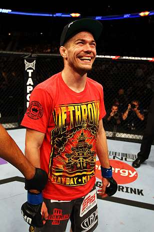 ATLANTA, GA - APRIL 21: Michael McDonald celebrates defeating Miguel Angel Torres by knockout in the first round during their Bantamweight bout for UFC 145 at Philips Arena on April 21, 2012 in Atlanta, Georgia. (Photo by Al Bello/Zuffa LLC/Zuffa LLC vi