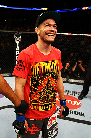 ATLANTA, GA - APRIL 21:  Michael McDonald celebrates defeating Miguel Angel Torres by knockout in the first round during their Bantamweight bout for UFC 145 at Philips Arena on April 21, 2012 in Atlanta, Georgia.  (Photo by Al Bello/Zuffa LLC/Zuffa LLC vi