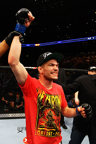 ATLANTA, GA - APRIL 21: Michael McDonald celebrates defeating Miguel Angel Torres by knockout in the first round during their Bantamweight bout for UFC 145 at Philips Arena on April 21, 2012 in Atlanta, Georgia. (Photo by Al Bello/Zuffa LLC/Zuffa LLC vi