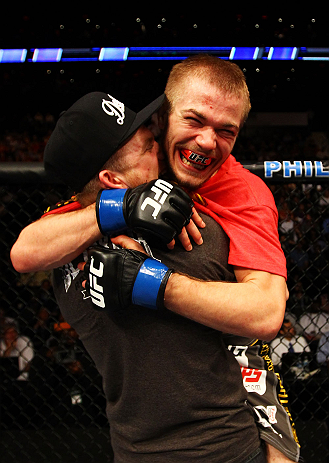 ATLANTA, GA - APRIL 21: Michael McDonald celebrates defeating Miguel Angel Torres by knockout in the first round during their Bantamweight bout for UFC 145 at Philips Arena on April 21, 2012 in Atlanta, Georgia. (Photo by Al Bello/Zuffa LLC/Zuffa LLC vi